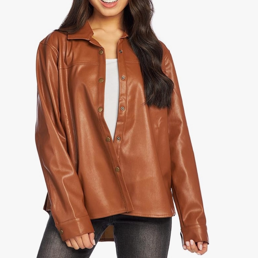 Mud Pie NWT Salem Oversized Faux Vegan‎ Leather Snap Closure Shacket Size Small